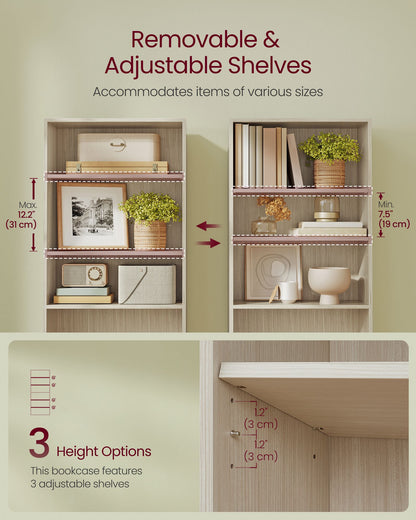 Custos Collection - Bookshelf, 5-Tier Bookcase, Book Shelf, Open Storage Shelf, 9.4 x 23.6 x 52.8 Inches, for Living Room, Home Office, Dinning Room, Natural Beige