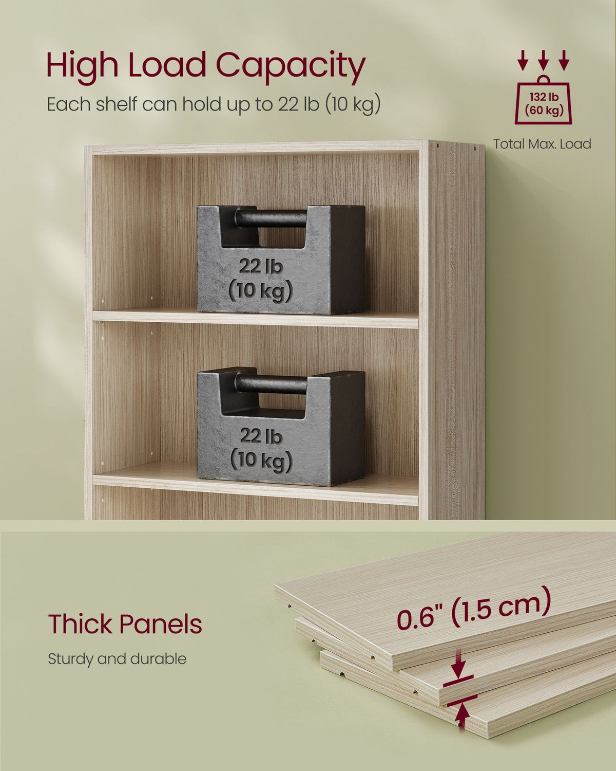 Custos Collection - Bookshelf, 5-Tier Bookcase, Book Shelf, Open Storage Shelf, 9.4 x 23.6 x 52.8 Inches, for Living Room, Home Office, Dinning Room, Natural Beige