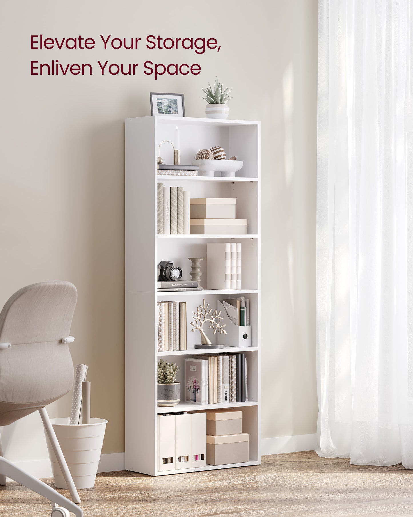 Bookshelf, 23.6 Inches Wide, 6-Tier Open Bookcase with Adjustable Storage Shelves, Floor Standing Unit - image 2