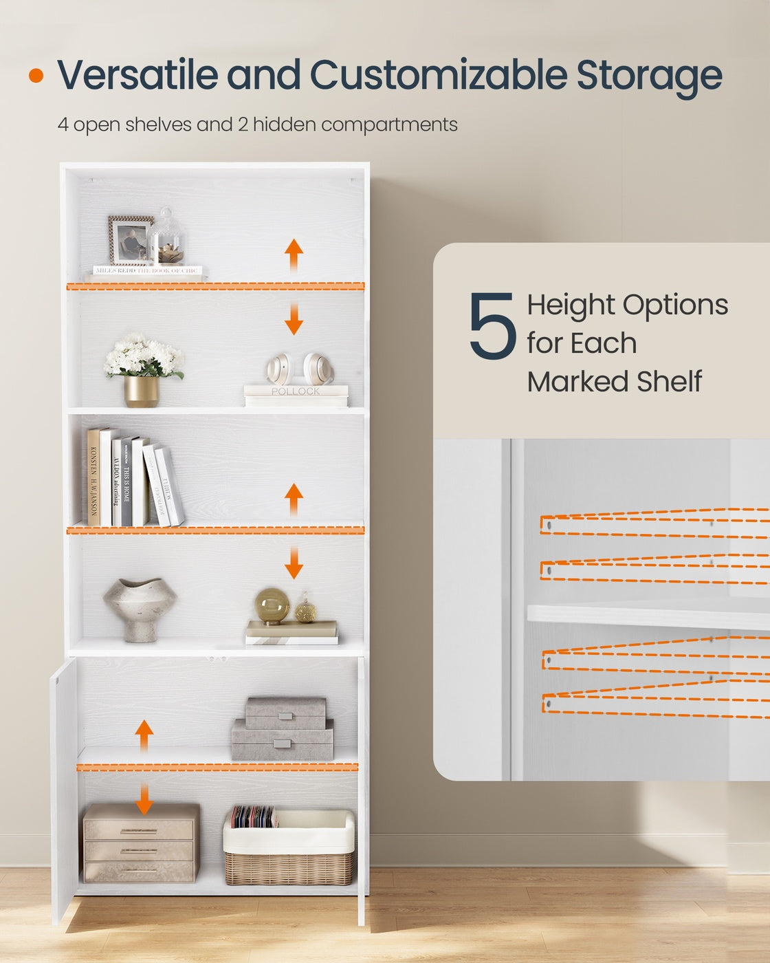 Home Book Shelf 6-Tier Floor Standing Bookcase 70.4 Inches Tall Snow White - image 4