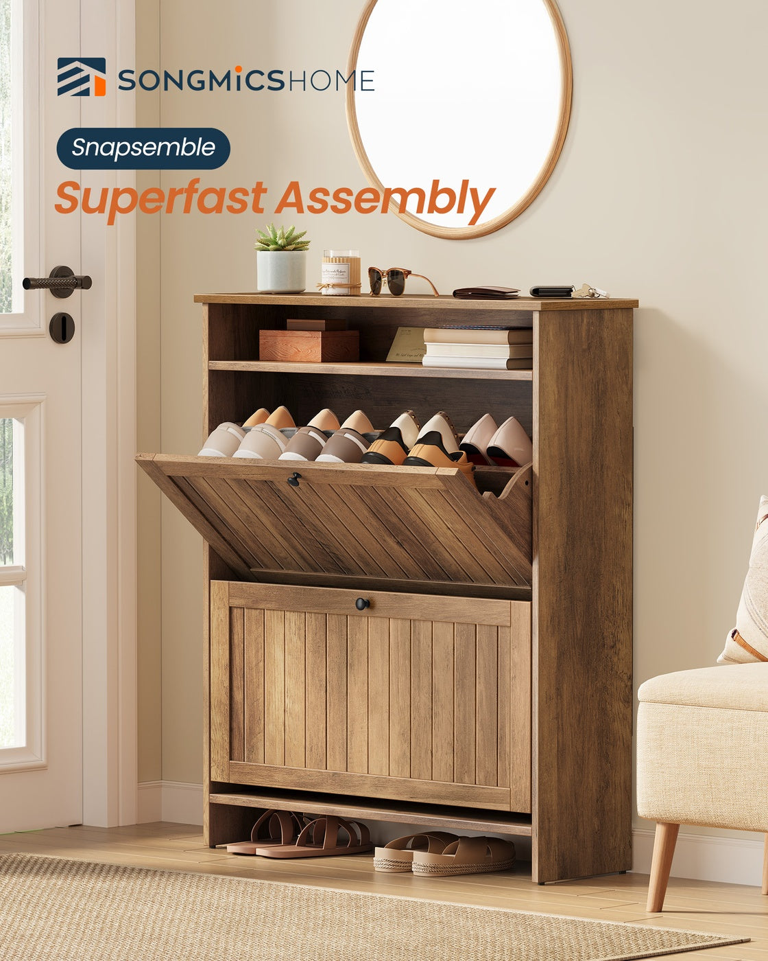 Shoe Cabinet, Snapsemble Superfast Assembly, Shoe Storage Cabinet for Entryway with 2 Flip Drawers - image 9