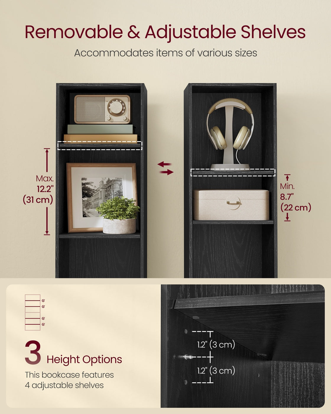 Bookshelf, 4-Tier, 9.4 x 11.8 x 41.7 Inches, Ebony Black - image 10