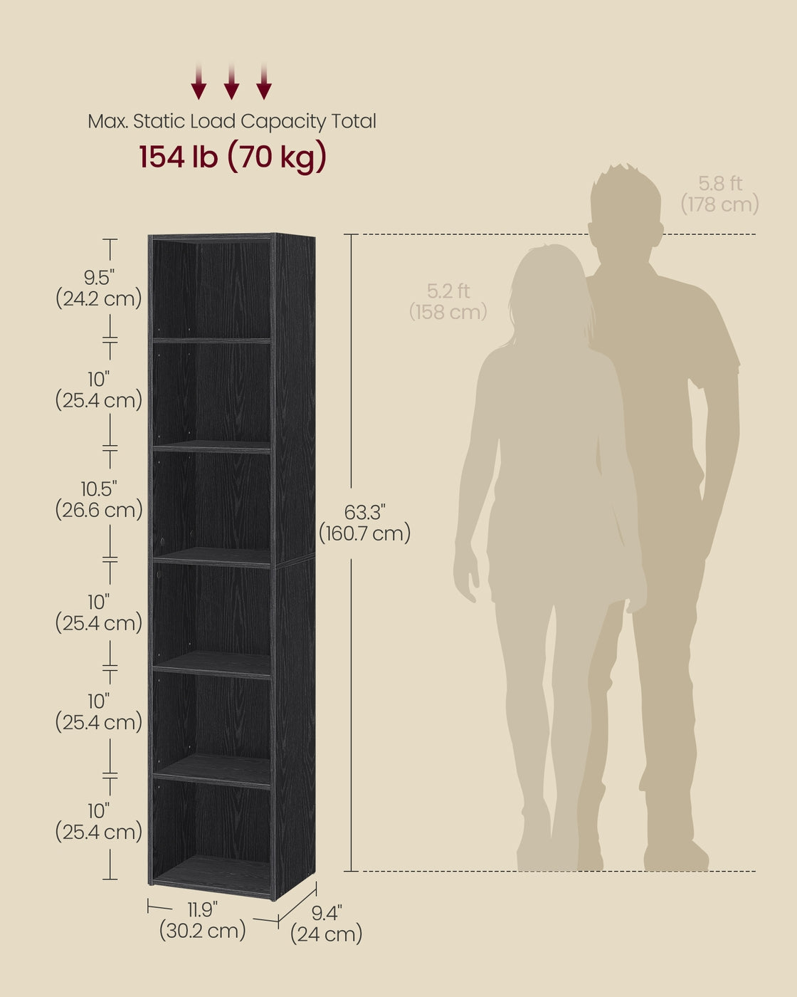 Bookshelf, 4-Tier, 9.4 x 11.8 x 41.7 Inches, Ebony Black - image 14