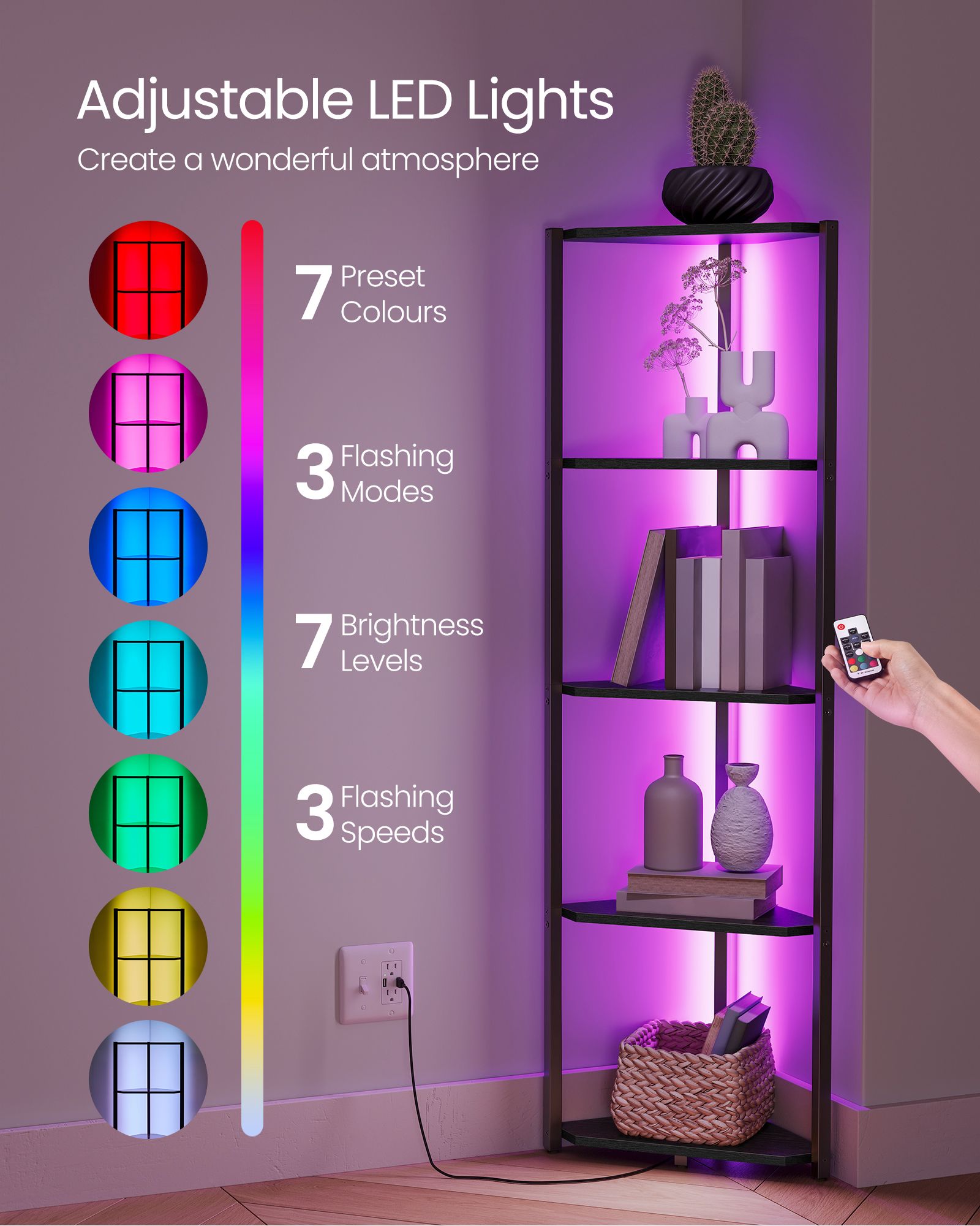 5-Tier Corner Shelf with Adjustable LED Lights Rustic Brown - image 11