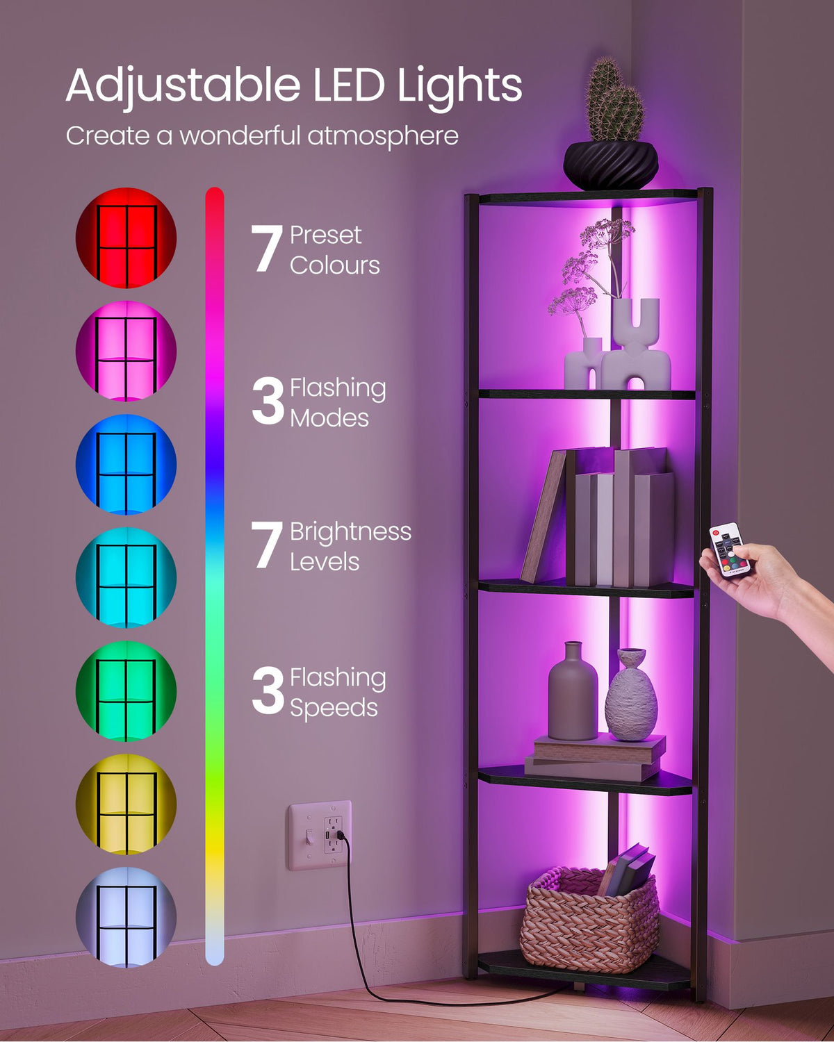 5-Tier LED Corner Shelf with Remote-Controlled Lighting, Ebony Black - image 3