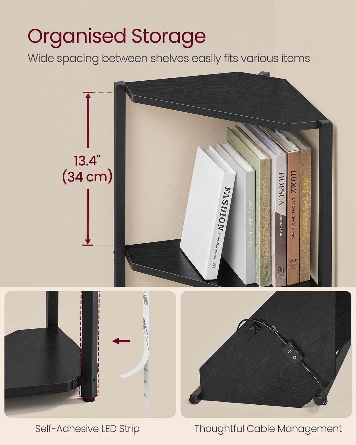 5-Tier Corner Shelf, Bookcase with Adjustable LED Lights Ebony Black - image 5