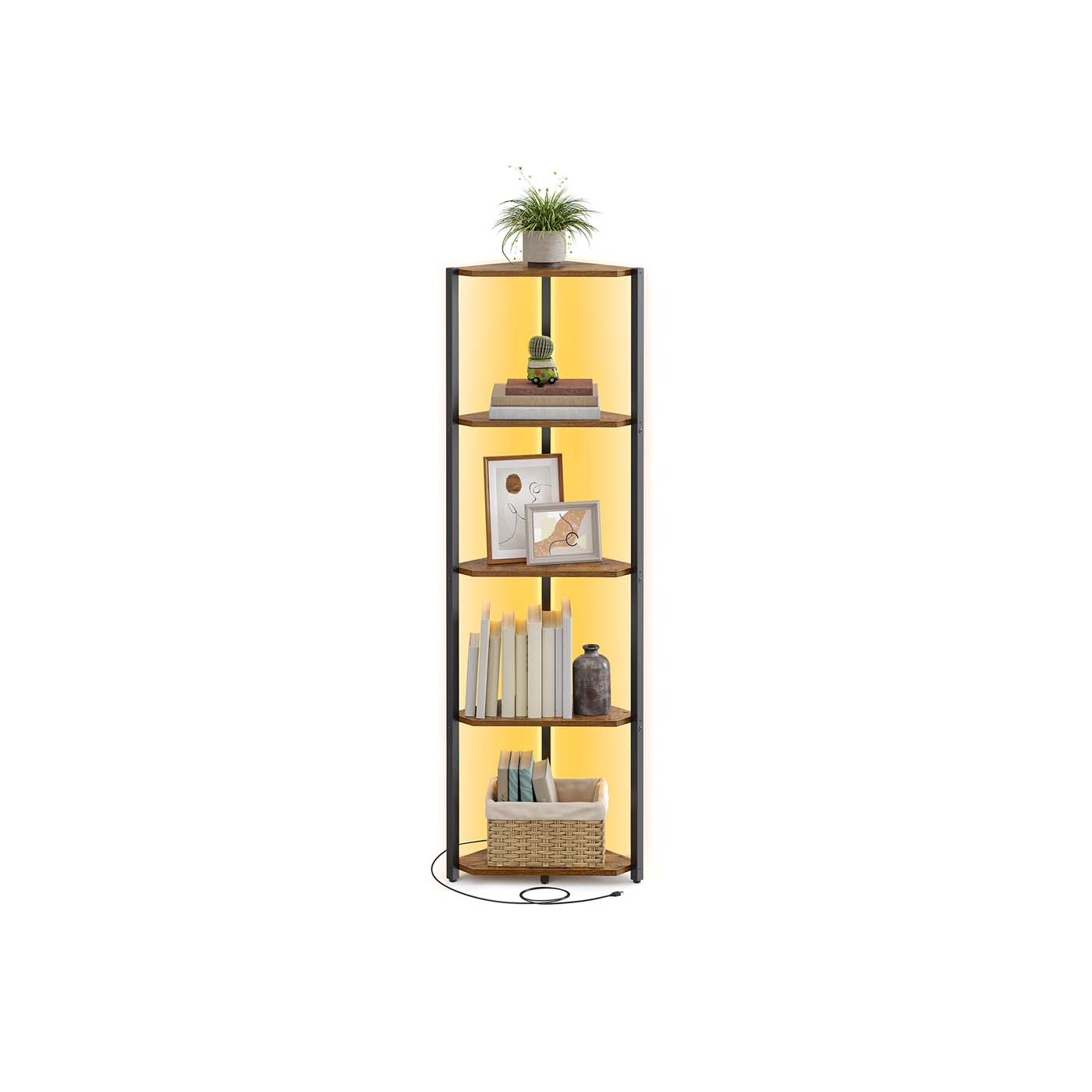 5-Tier Corner Shelf with Adjustable LED Lights Rustic Brown - image 2