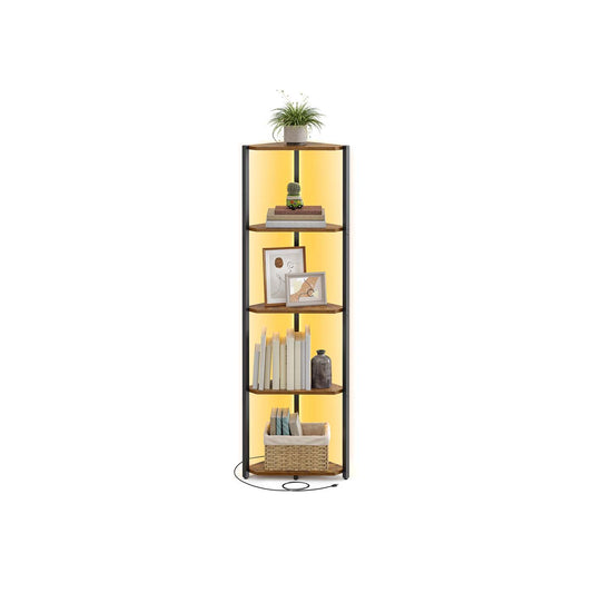 5-Tier Corner Shelf with Adjustable LED Lights Rustic Brown - image 1