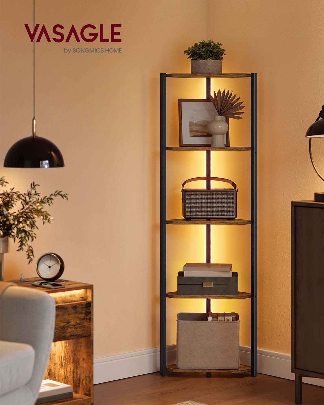 5-Tier Corner Shelf with Adjustable LED Lights Rustic Brown - image 3