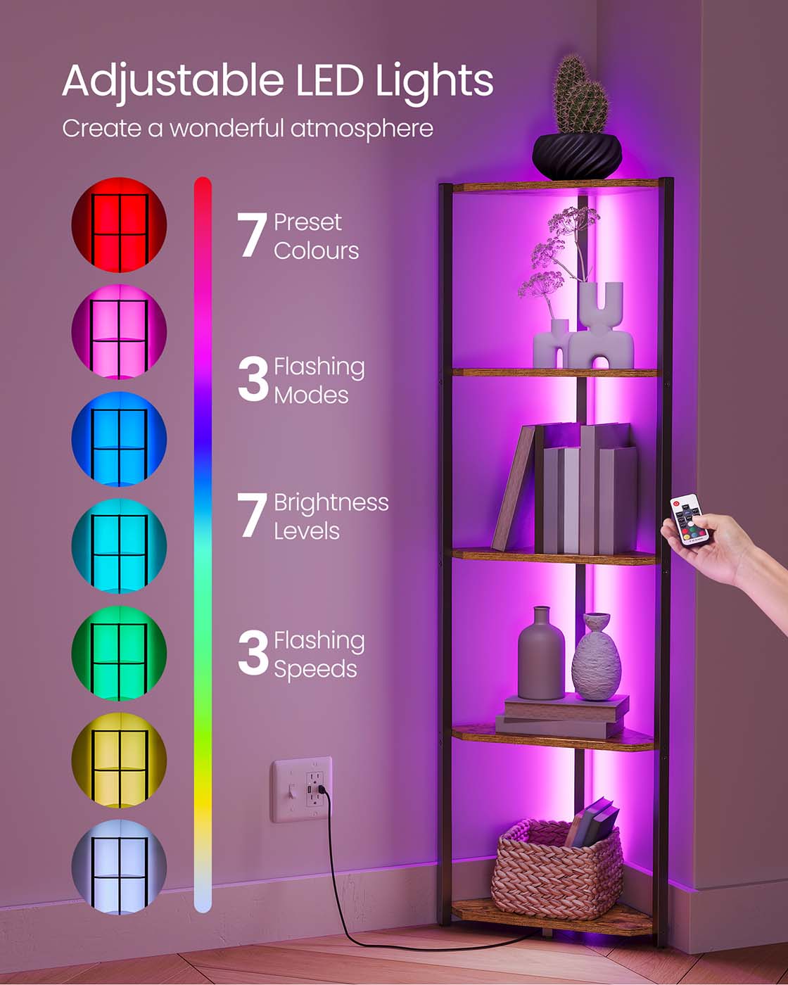 5-Tier Corner Shelf with Adjustable LED Lights Rustic Brown - image 4