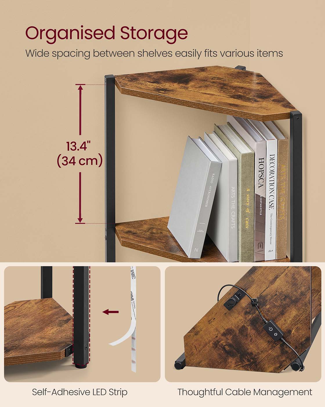 5-Tier Corner Shelf with Adjustable LED Lights Rustic Brown - image 6