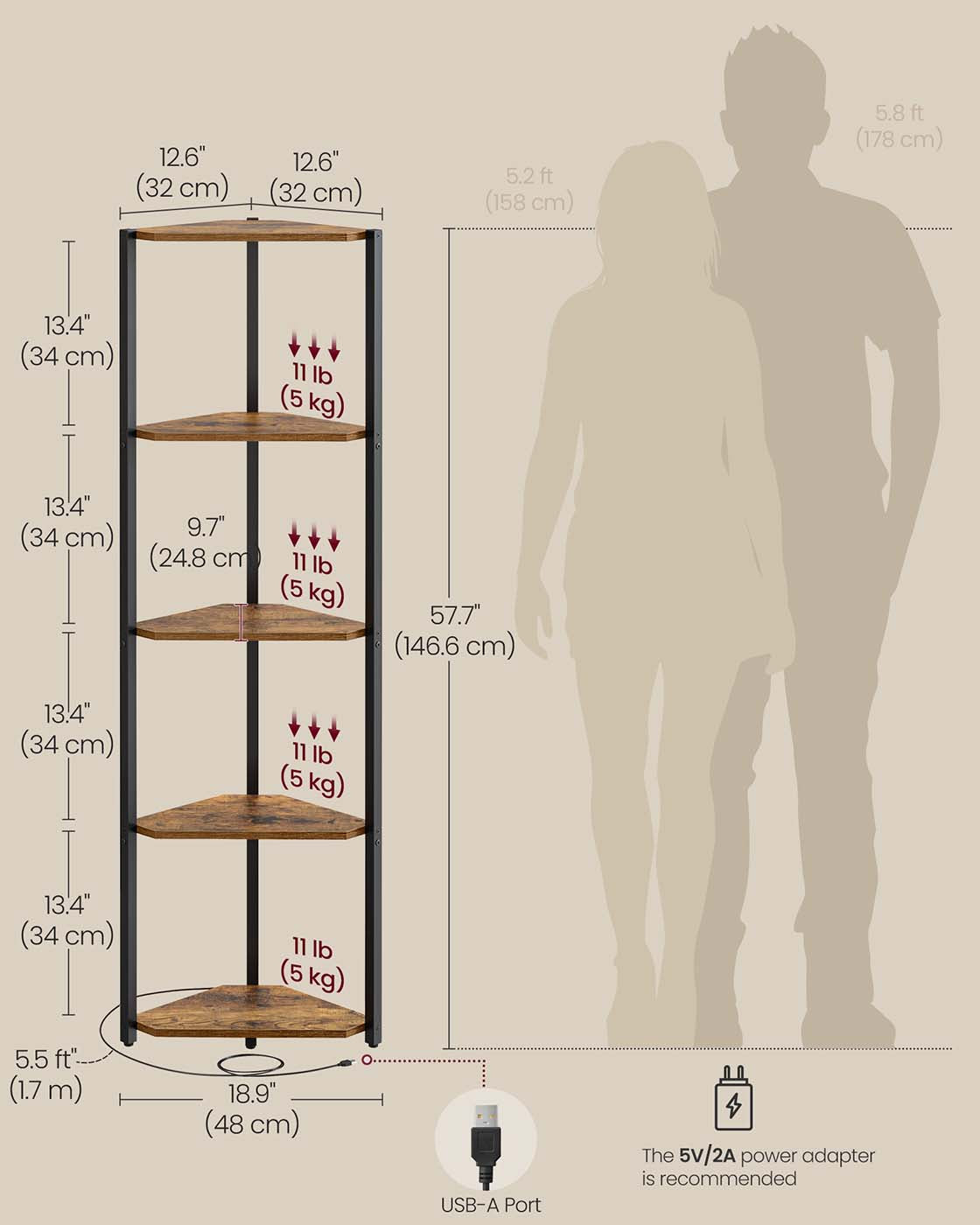 5-Tier Corner Shelf with Adjustable LED Lights Rustic Brown - image 7