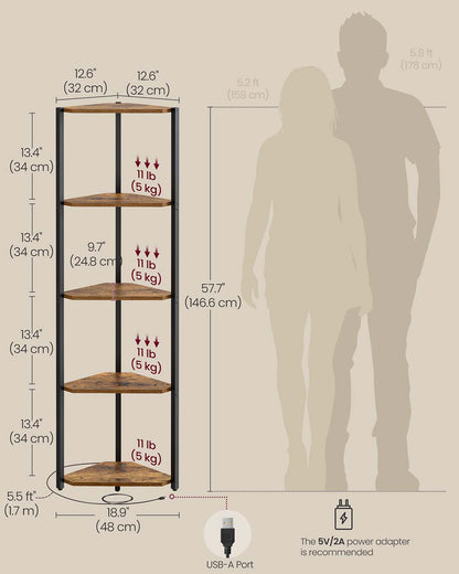 5-Tier Corner Shelf with Adjustable LED Lights Rustic Brown - image 7