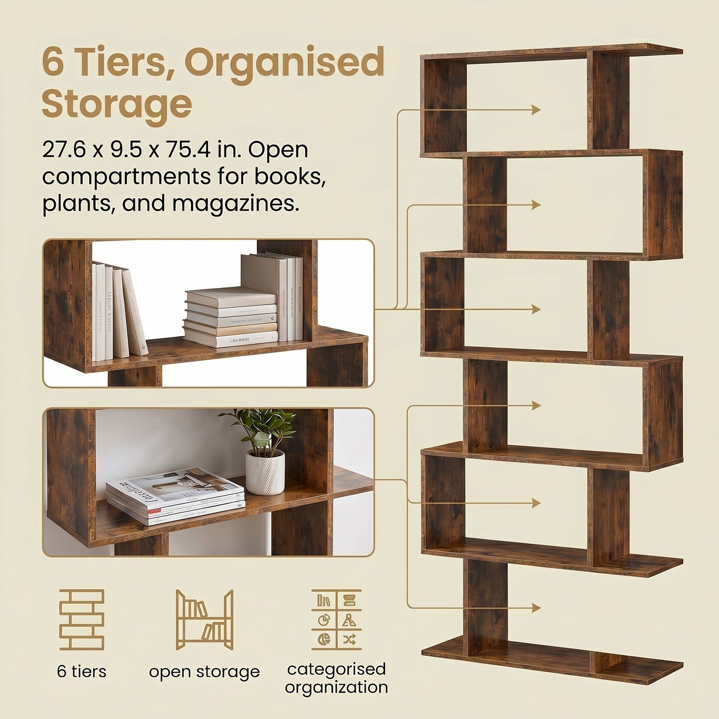 Bookshelf, 6-Tier Bookcase, Room Divider - image 7