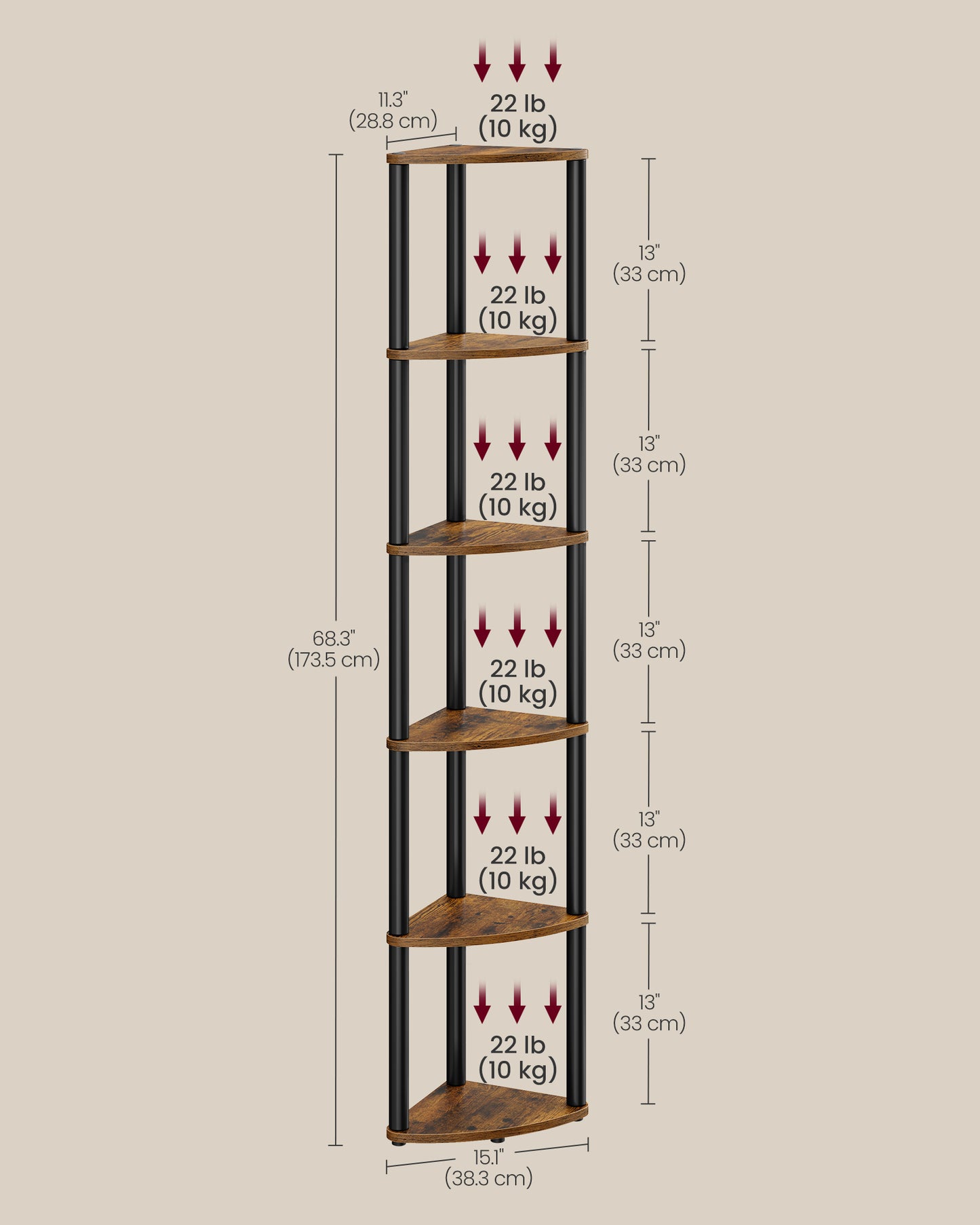 Superfast Toolless Assembly 6-Tier Corner Shelf Corner Shelf Stand, 15.1 x 10.6 x 68.3 Inches, Living Room - image 6