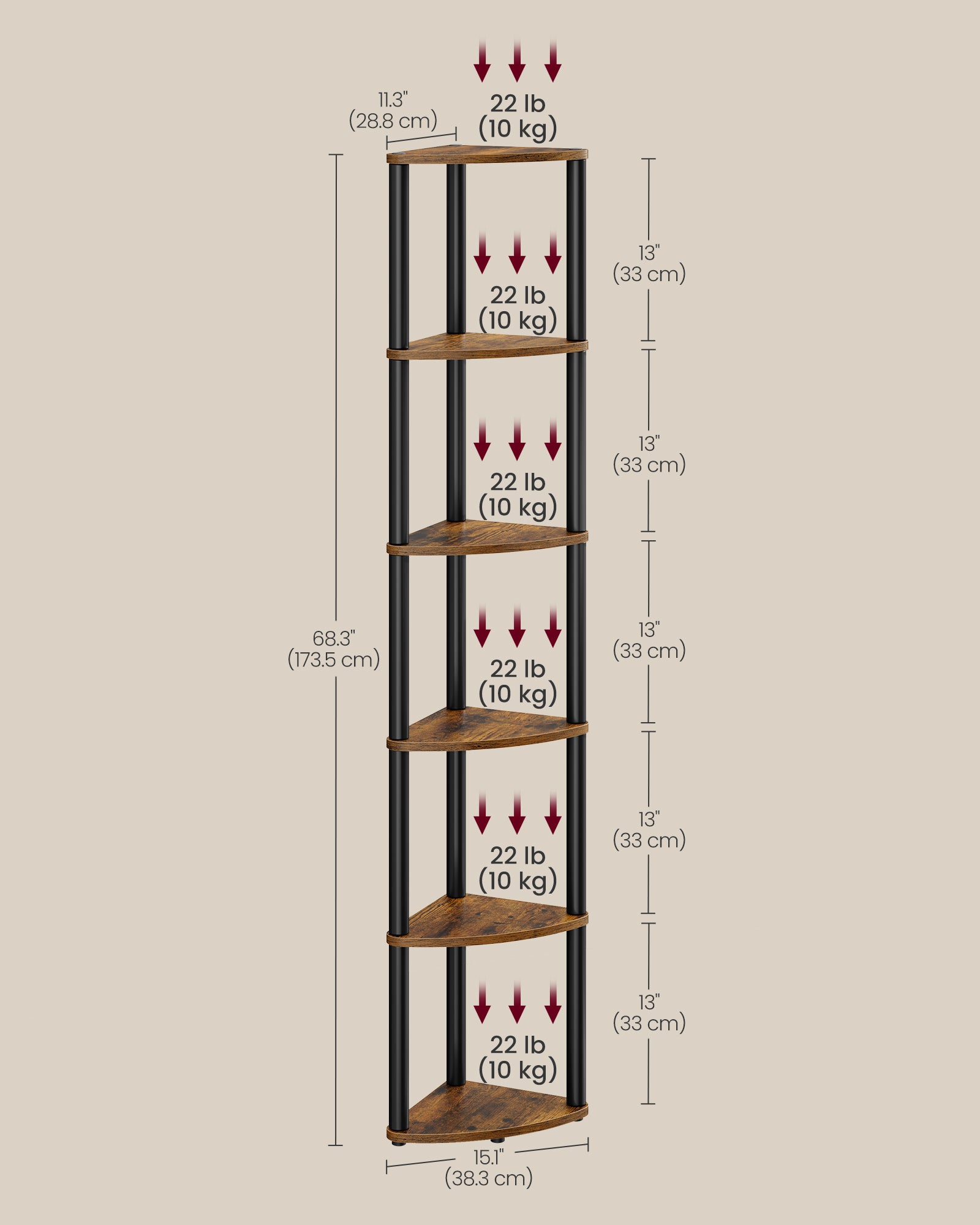 Superfast Toolless Assembly 6-Tier Corner Shelf Corner Shelf Stand, 15.1 x 10.6 x 68.3 Inches, Living Room - image 6