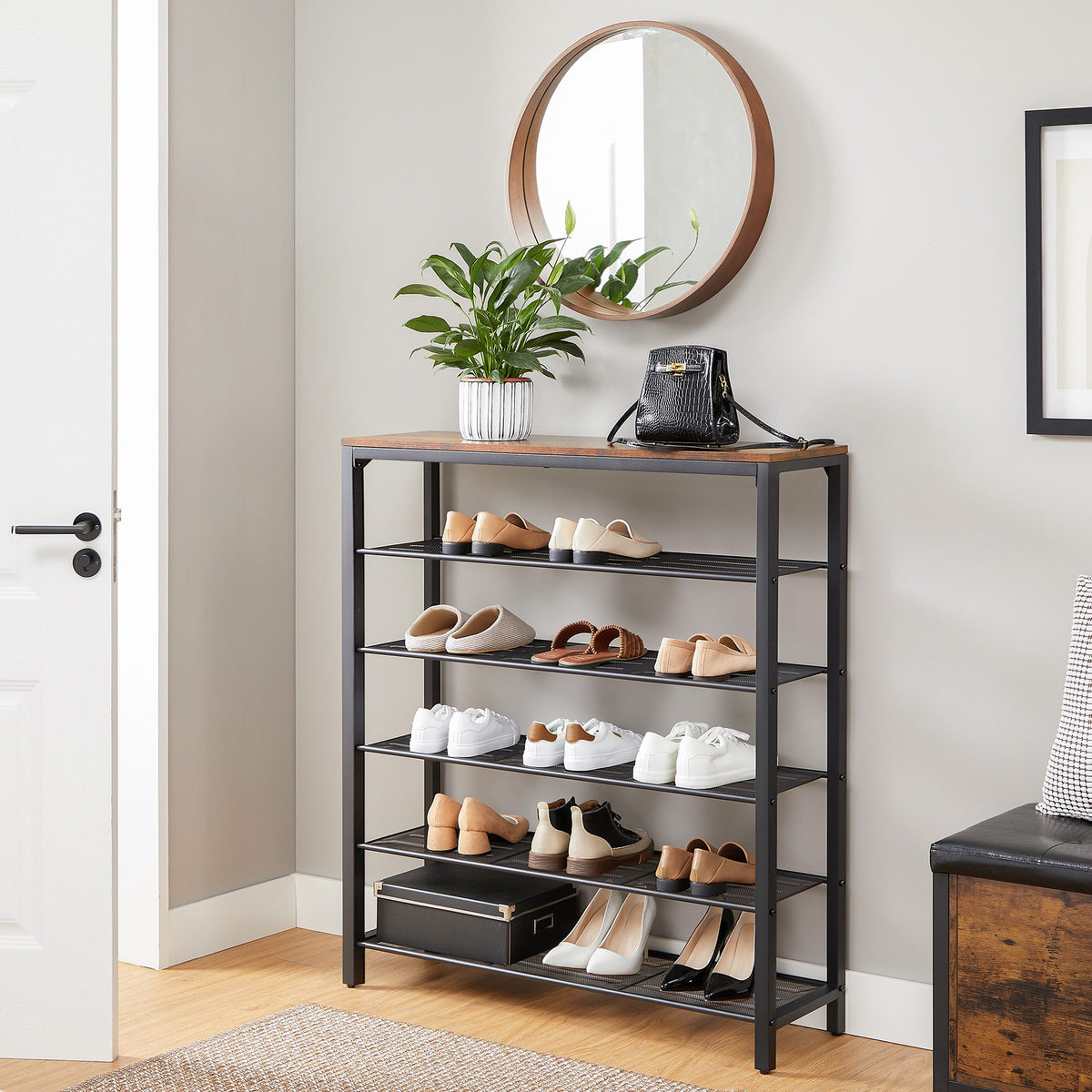 Shoe Rack, Shoe Storage Organizer with 5 Mesh Shelves and Large Surface for Bags, Shoe Shelf for Entryway Hallway Closet