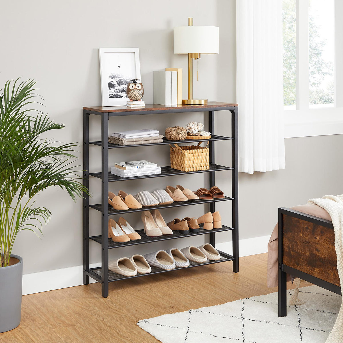 Shoe Rack, Shoe Storage Organizer with 5 Mesh Shelves and Large Surface for Bags, Shoe Shelf for Entryway Hallway Closet