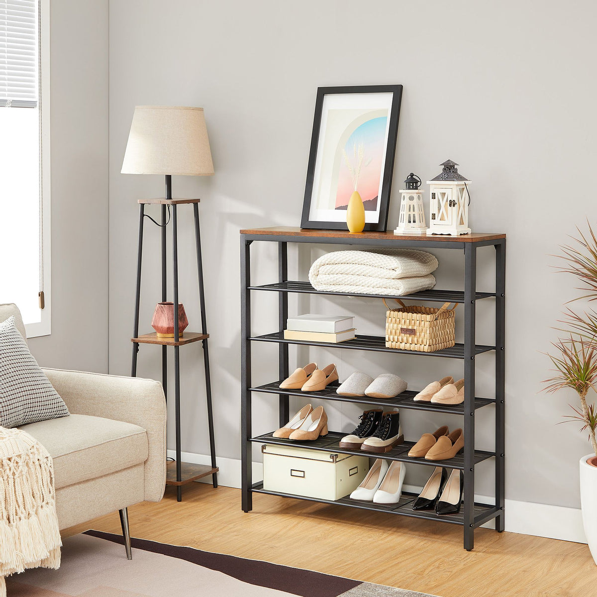 Shoe Rack, Shoe Storage Organizer with 5 Mesh Shelves and Large Surface for Bags, Shoe Shelf for Entryway Hallway Closet