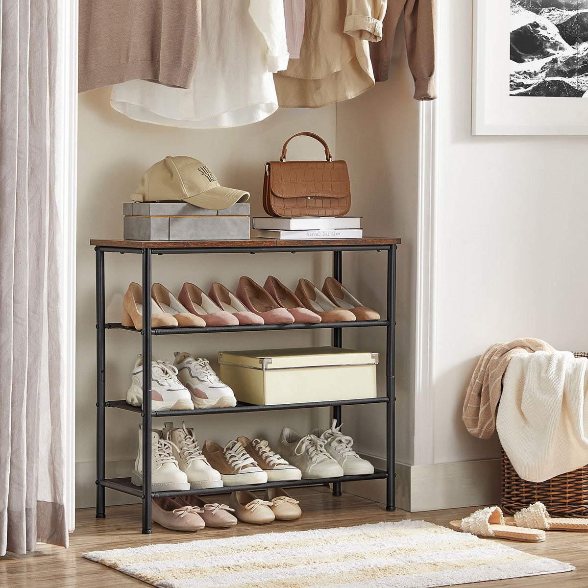 Shoe Rack 4 Tier, Narrow Shoe Organizer for Closet Entryway, with 3 Fabric Shelves and Top for Bags