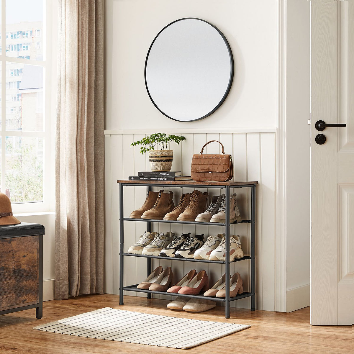 Shoe Rack 4 Tier, Narrow Shoe Organizer for Closet Entryway, with 3 Fabric Shelves and Top for Bags
