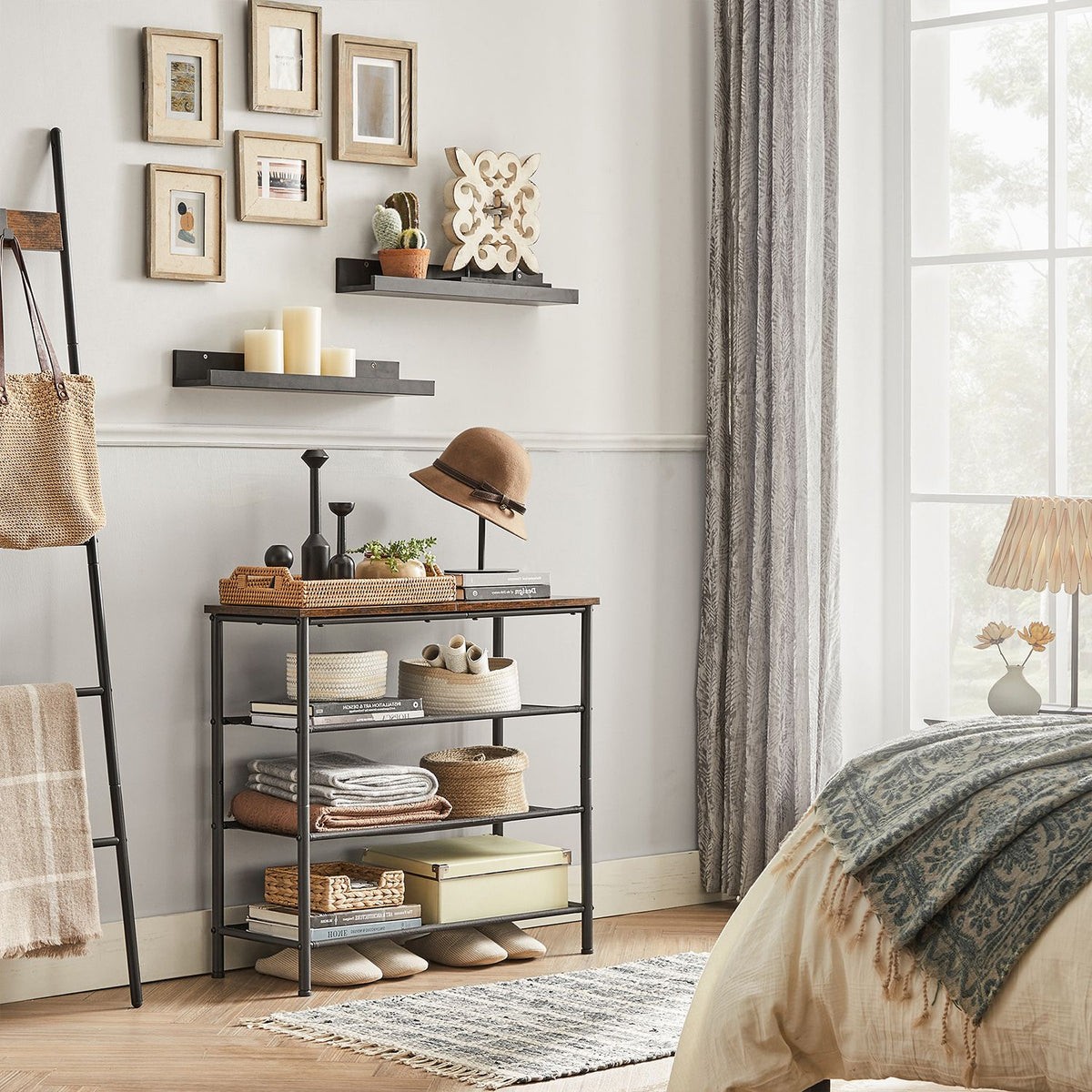 Shoe Rack 4 Tier, Narrow Shoe Organizer for Closet Entryway, with 3 Fabric Shelves and Top for Bags