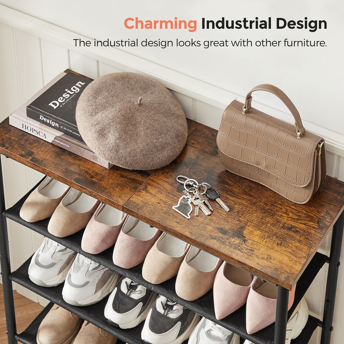Shoe Rack 4 Tier, Narrow Shoe Organizer for Closet Entryway, with 3 Fabric Shelves and Top for Bags