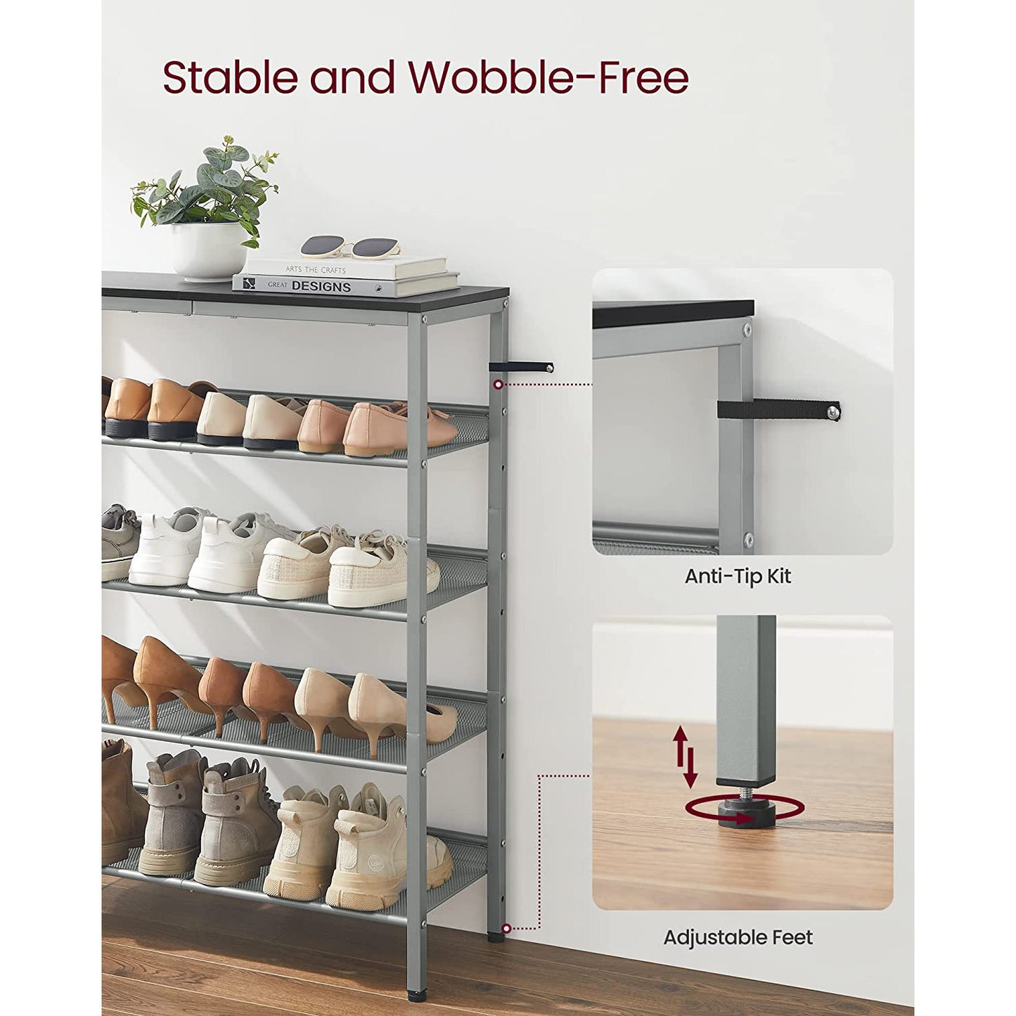 5-Tier Shoe Rack with Storage Shelves and Spacious Top - HWLEXTRA 