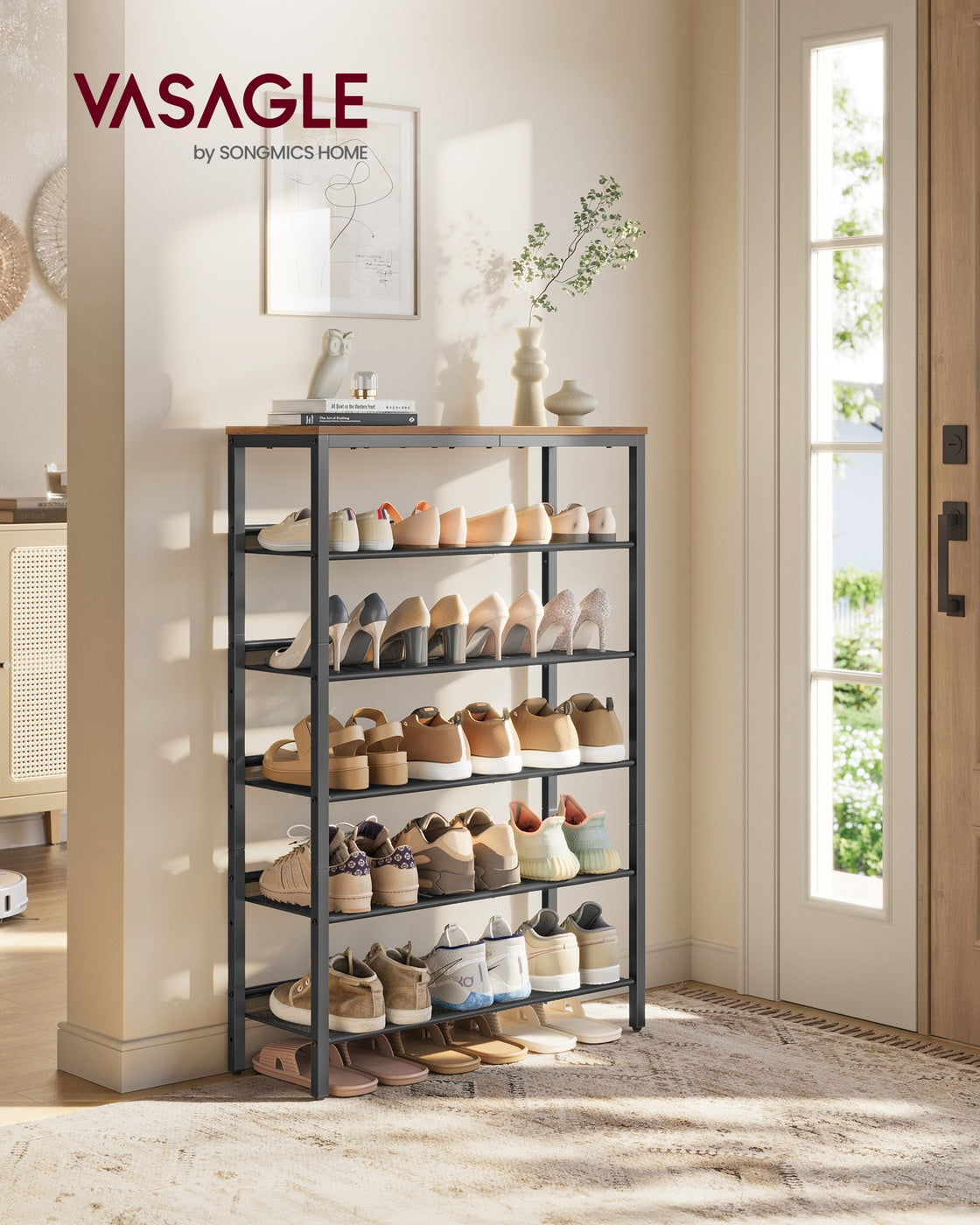 Adjustable shoe rack with storage shelves for entryway - image 2