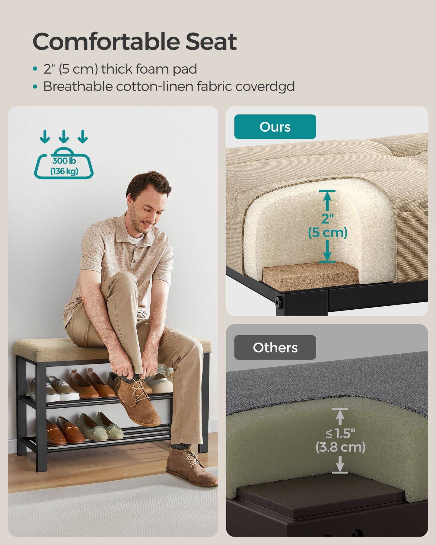 Shoe Bench, Storage Bench, Entryway Bench with Cushion