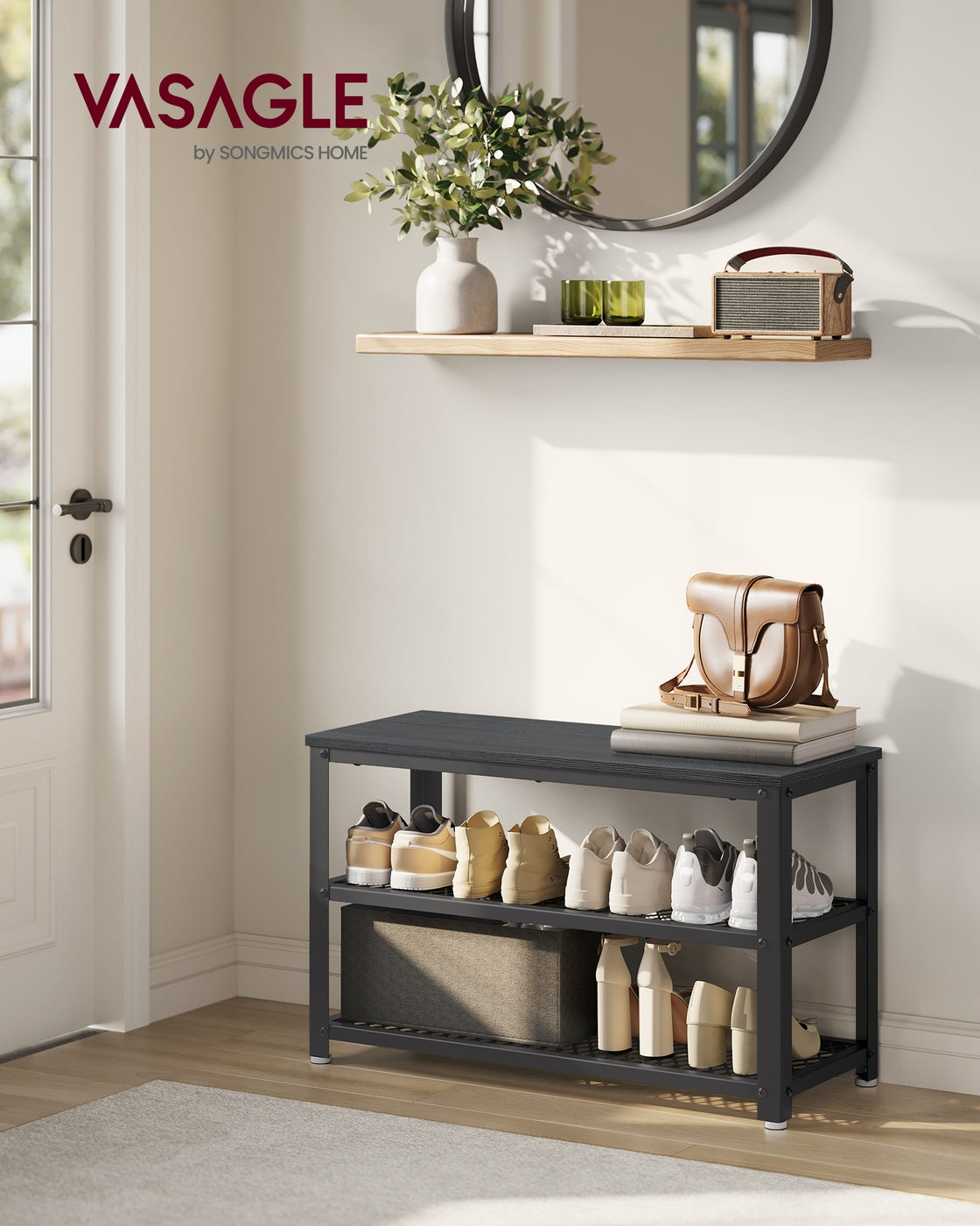 Shelf Storage Bench with Metal Mesh Shelves and Seat - image 9