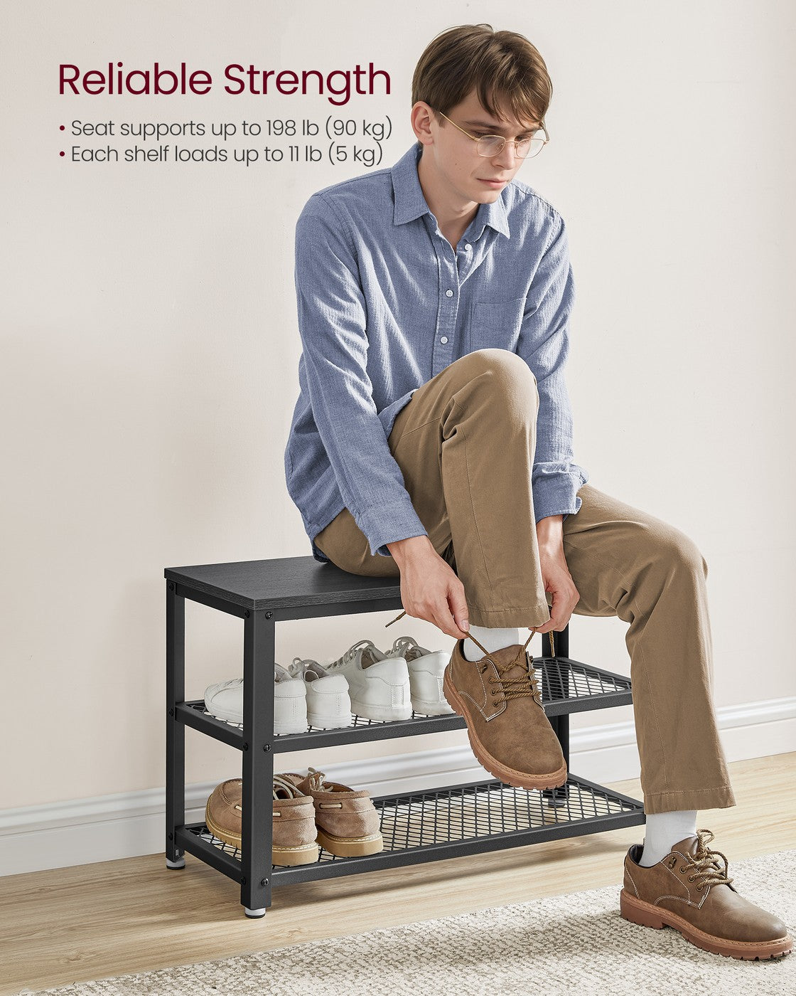 Shelf Storage Bench with Metal Mesh Shelves and Seat - image 10