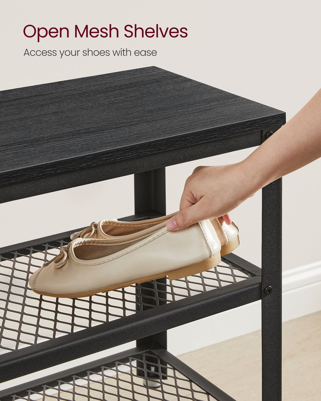 Shelf Storage Bench with Metal Mesh Shelves and Seat - image 11