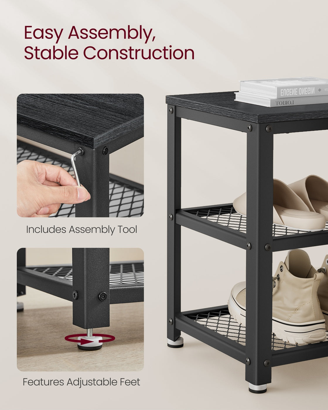 Shelf Storage Bench with Metal Mesh Shelves and Seat - image 12