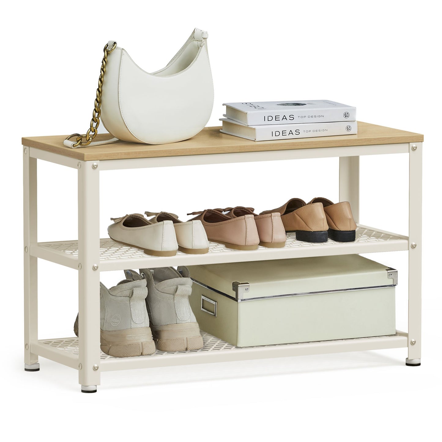 Shelf Storage Bench with Metal Mesh Shelves and Seat - image 15