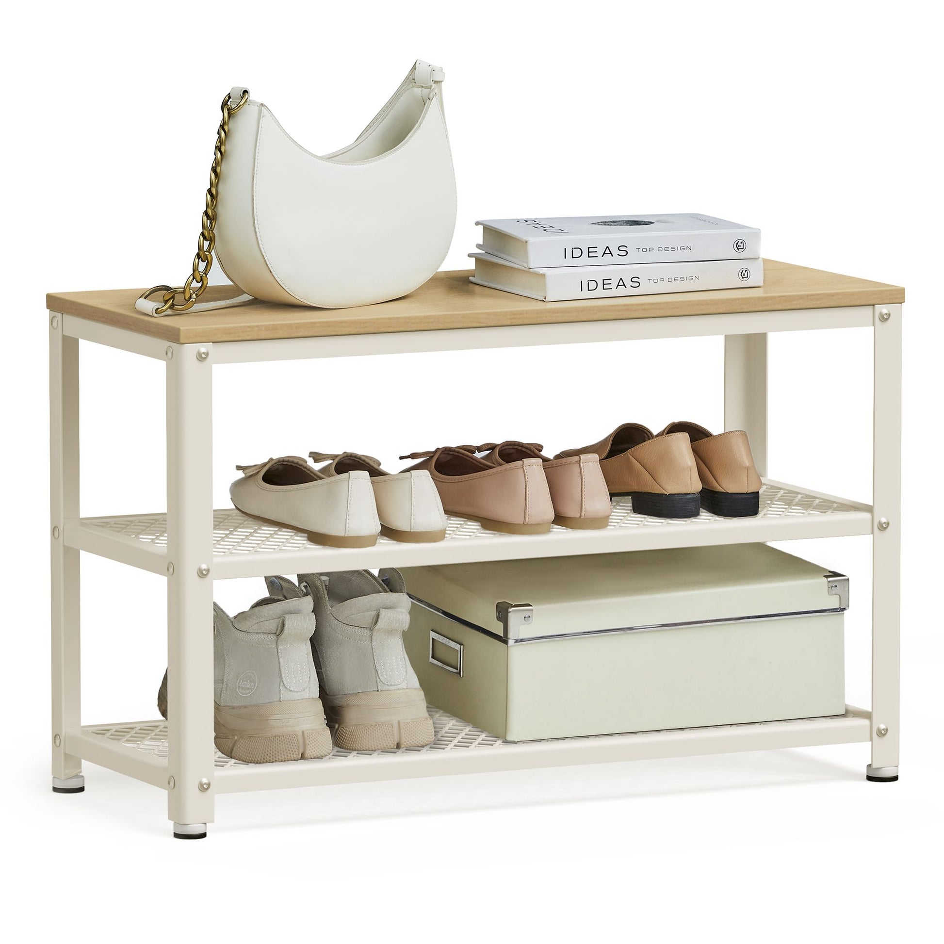 Shelf Storage Bench with Metal Mesh Shelves and Seat - image 15