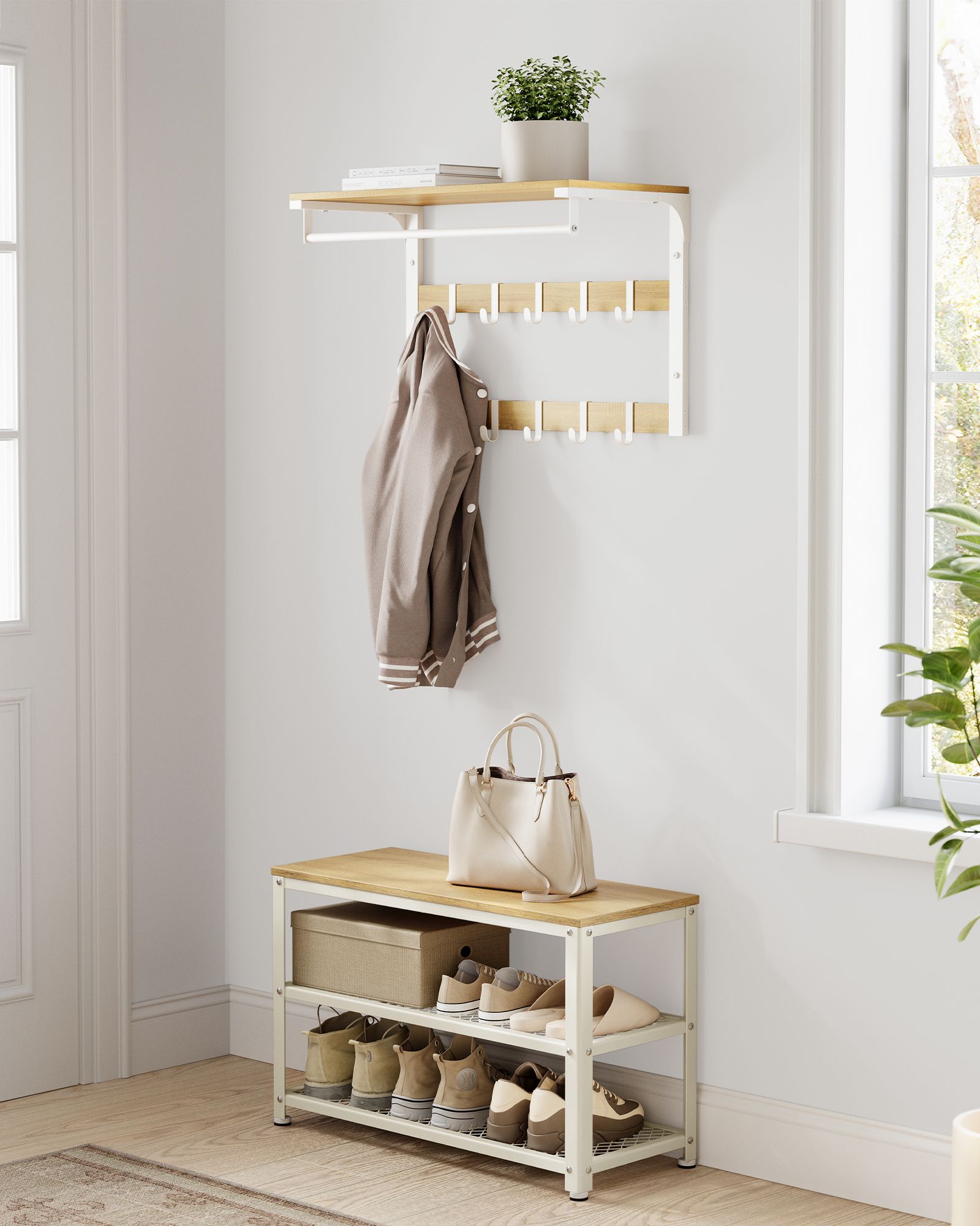 Shelf Storage Bench with Metal Mesh Shelves and Seat - image 16