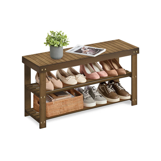Shoe Rack Bench 3-Tier Bamboo Shoe Storage Organizer Yellow Brown - HWLEXTRA 