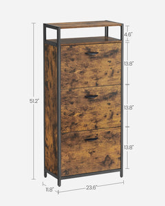 Shoe Cabinet with 3 Flip Drawers, Shoe Storage Cabinet, Asjustable and Removable Dividers, Holds 15-18 Pairs of Shoes, 11.8 x 23.6 x 51.2 Inches, Rustic Brown and Black
