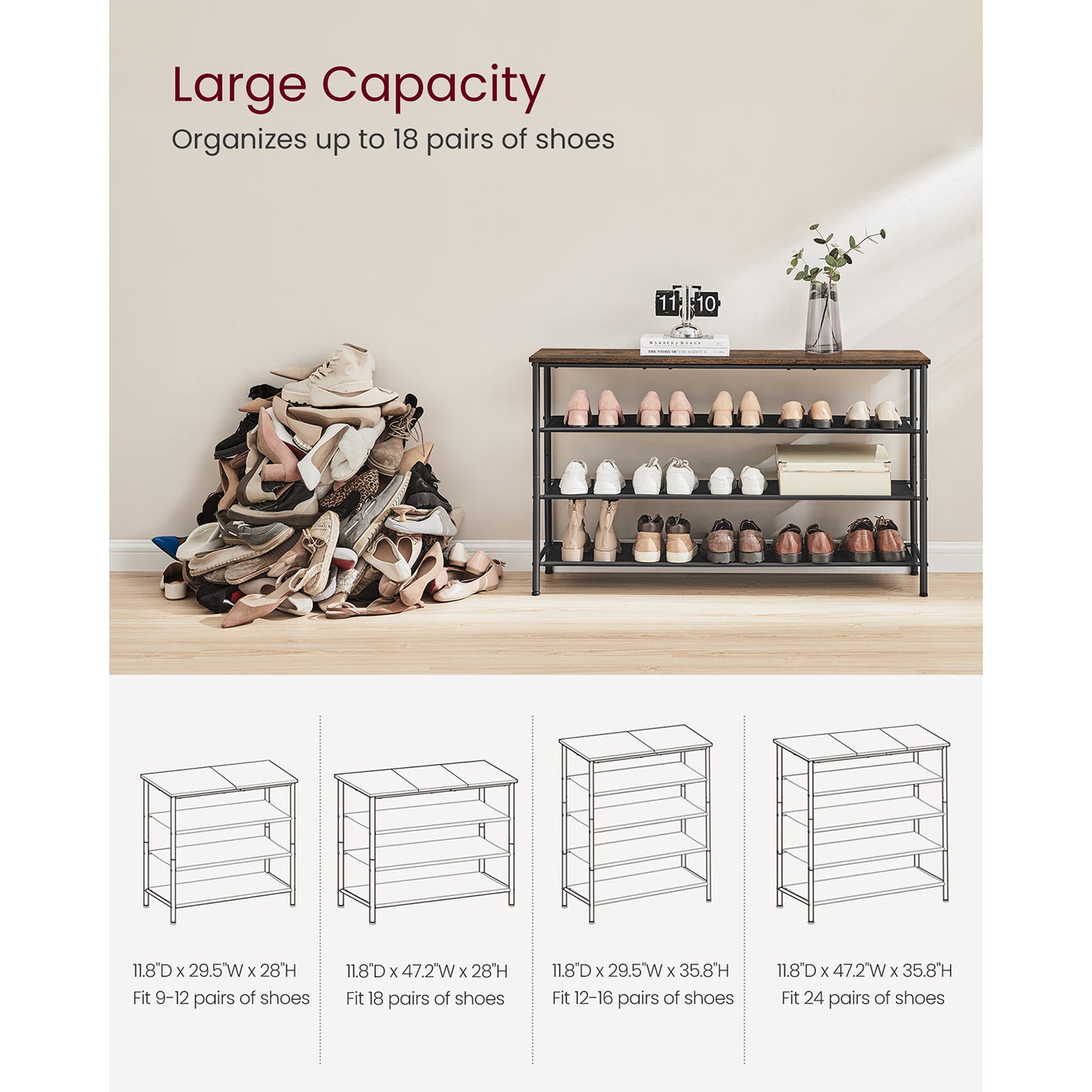 4 Tier Shoe Storage Rack for 15-18 Pairs of Shoes