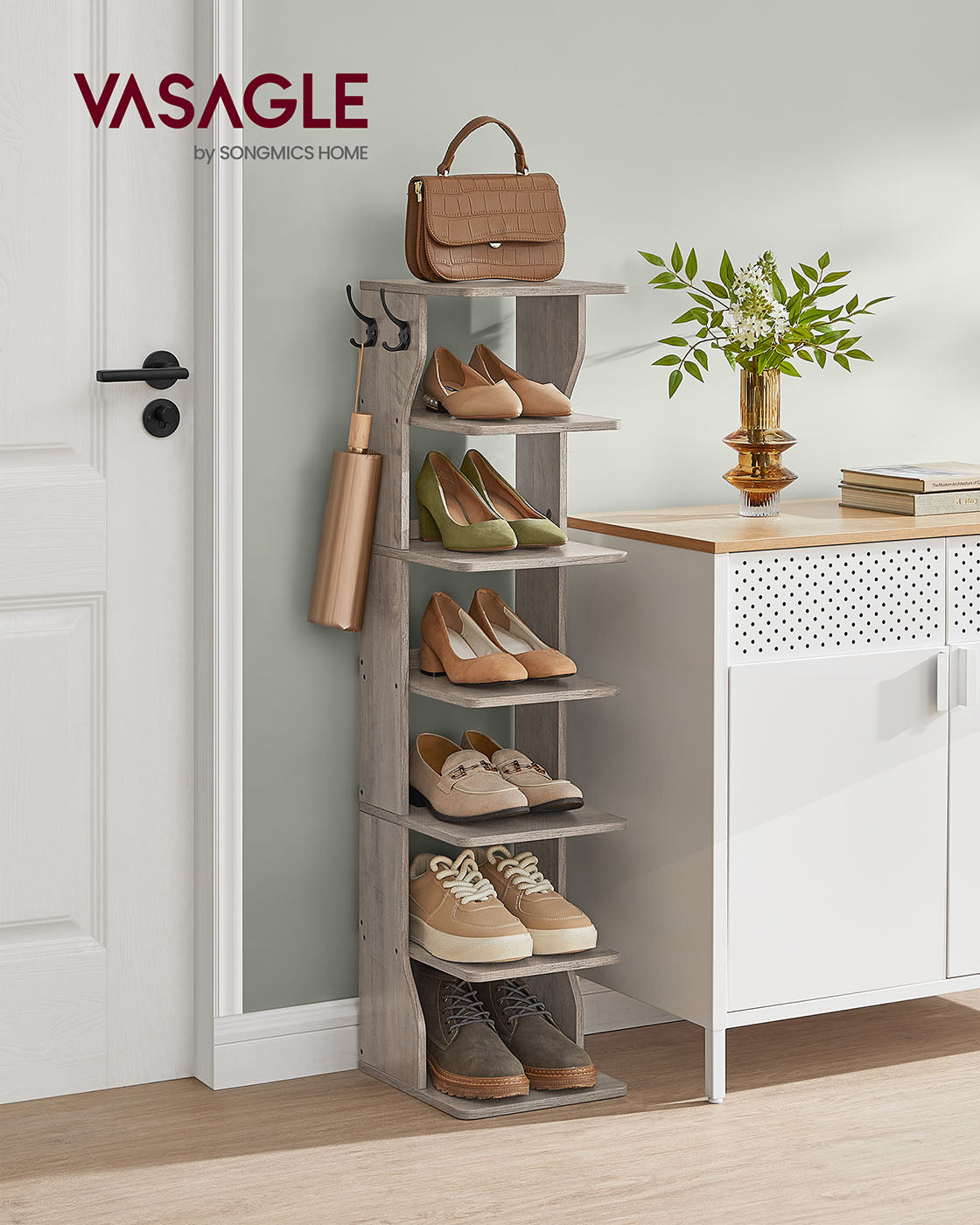 Étagère à chaussures fine 7 niveaux pour entrée coin rangement chaussures grège chiné
