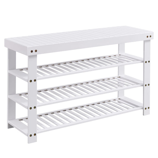 Bamboo Shoe Bench with Seat, 11.3 x 35.2 x 20.5 Inches, Entryway Organizer for Bedroom, Cloud White - image 1