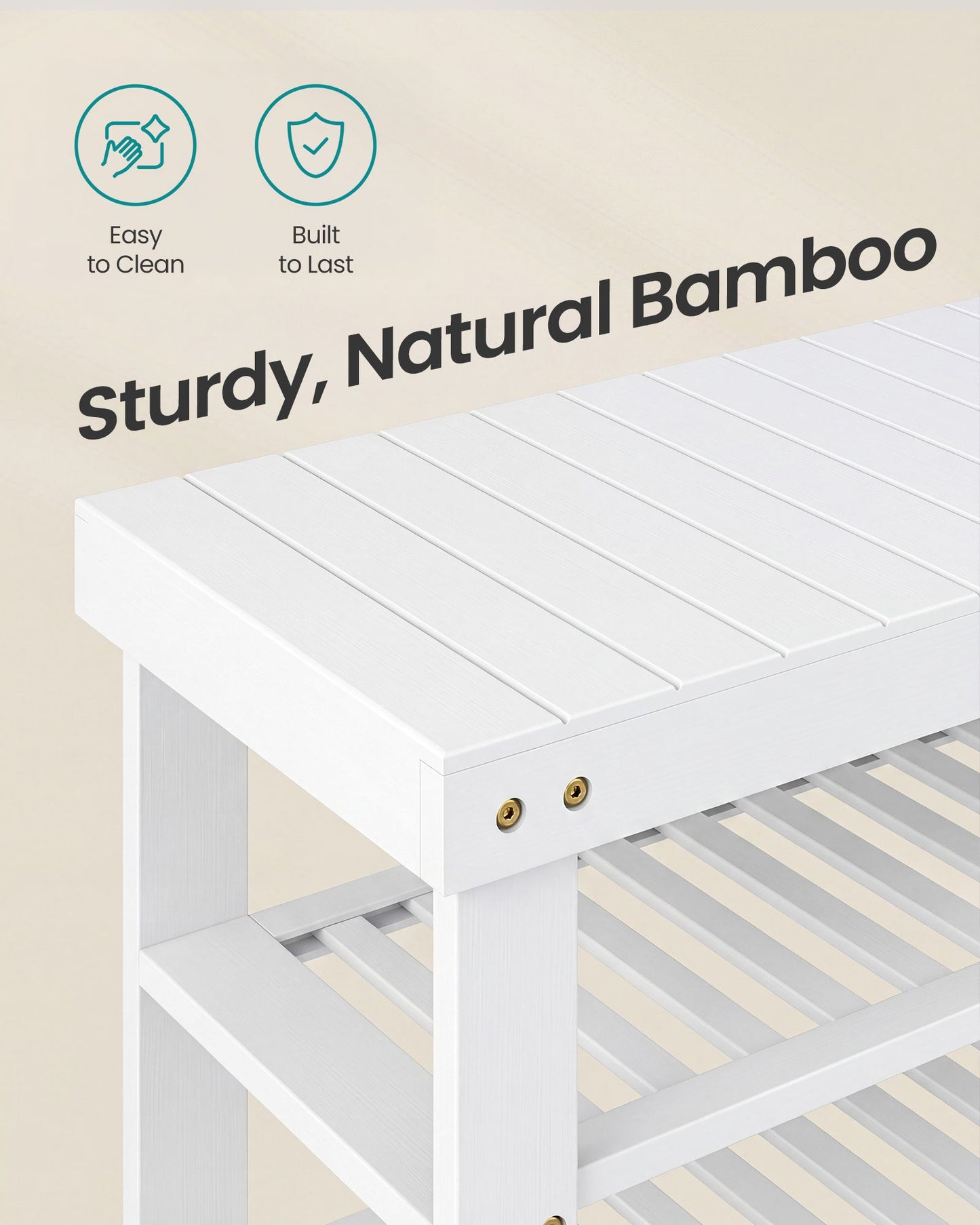 Bamboo Shoe Bench with Seat, 11.3 x 35.2 x 20.5 Inches, Entryway Organizer for Bedroom, Cloud White - image 3