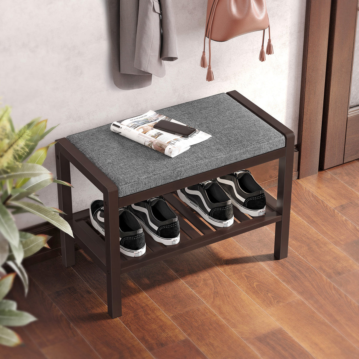 Shoe Rack Bench with Cushion Upholstered Padded Seat, Storage Shelf, Shoe Organizer