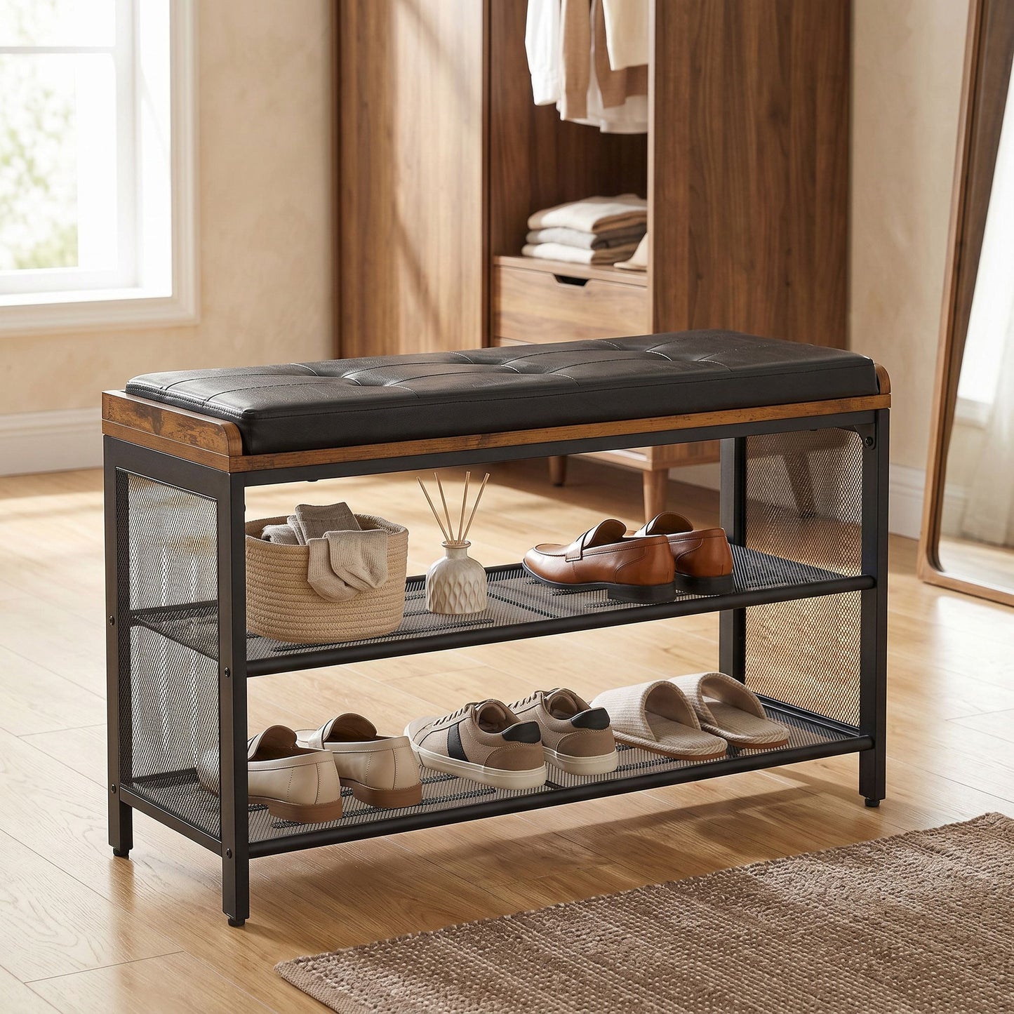 Shoe Bench, Padded Bench with Mesh Shelves - image 5
