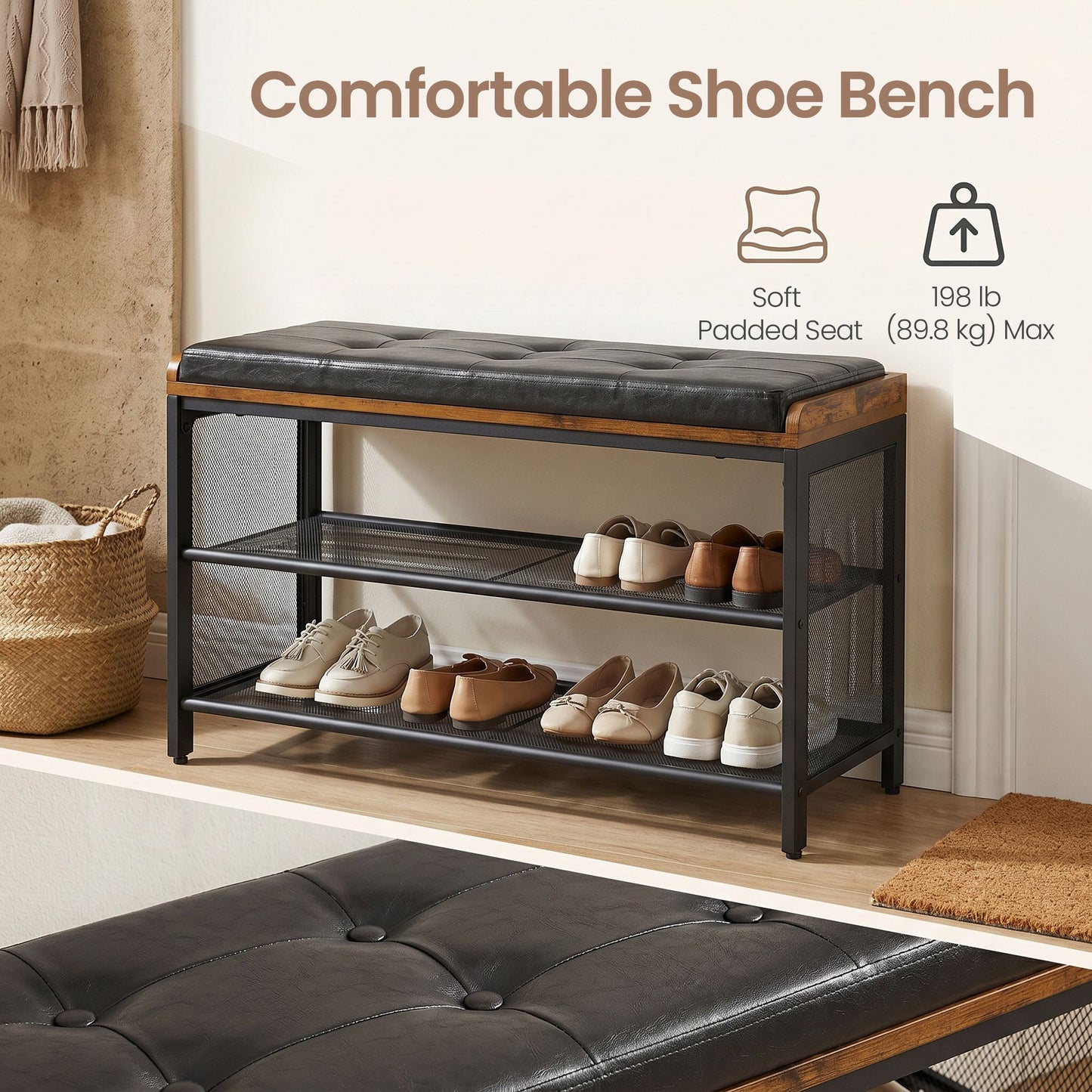 Shoe Bench, Padded Bench with Mesh Shelves - image 6