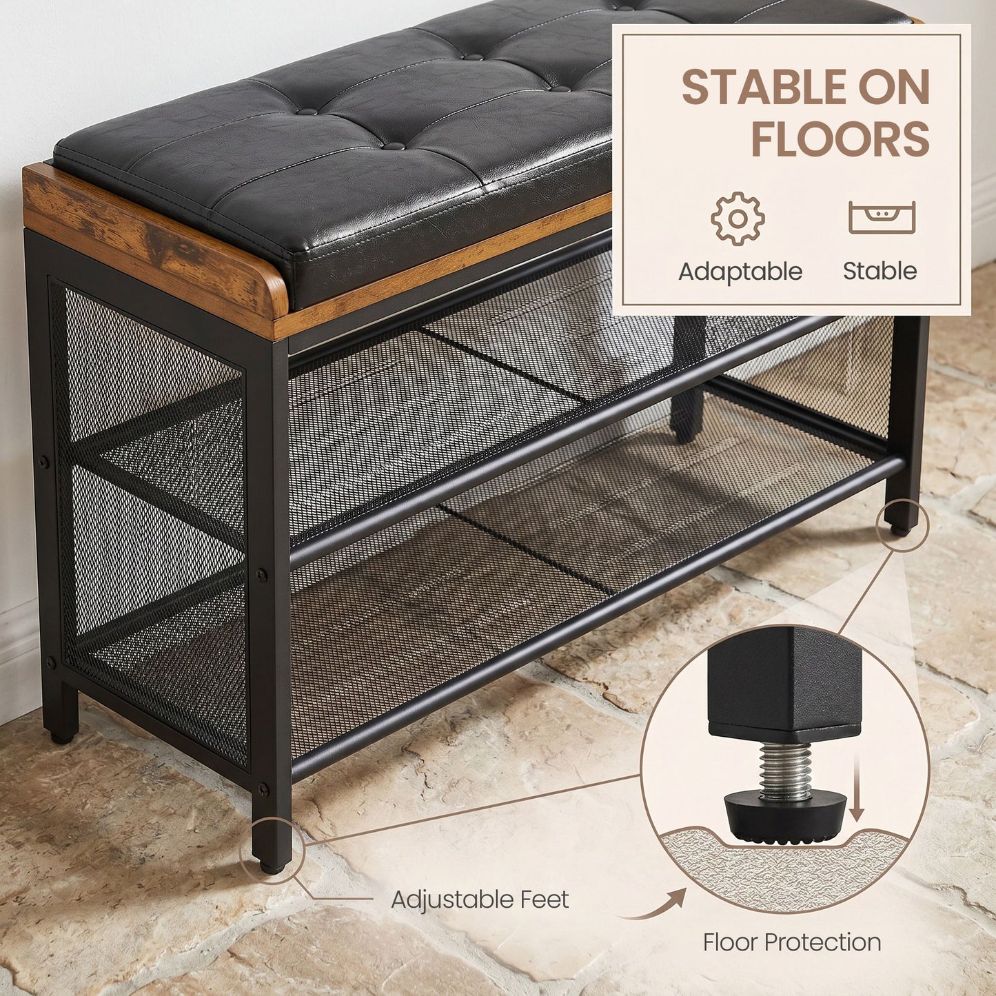Shoe Bench, Padded Bench with Mesh Shelves - image 7