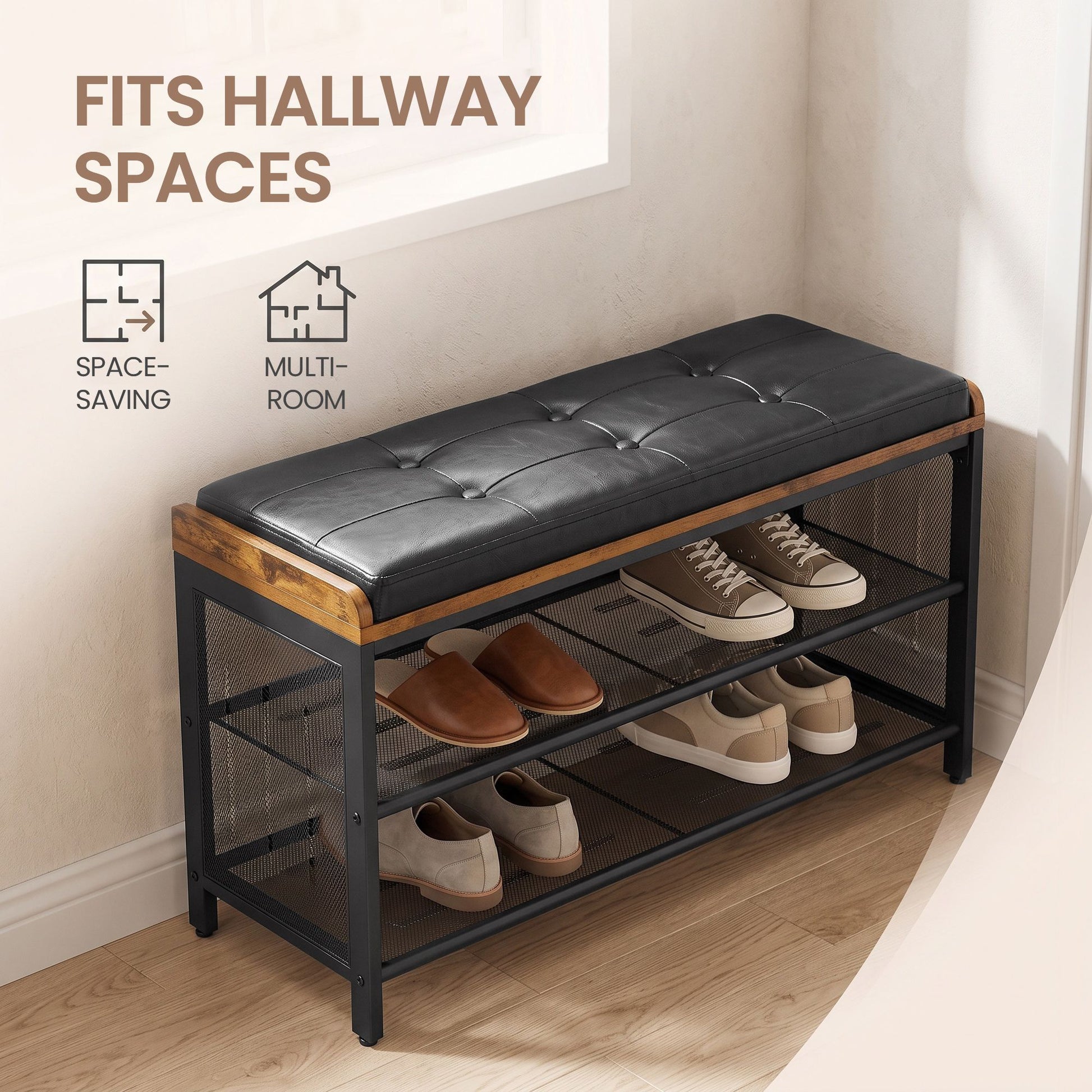 Shoe Bench, Padded Bench with Mesh Shelves - image 8