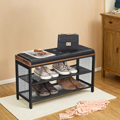 Shoe Bench, Padded Bench with Mesh Shelves