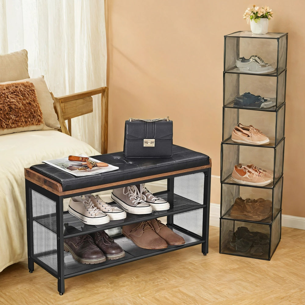 Shoe Bench, Padded Bench with Mesh Shelves